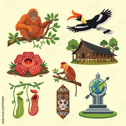 Traditional Borneo Nature And Cultural Wildlife Elements