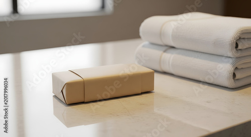 Wrapped soap bar and stacked white towels on a marble countertop in a clean bathroom setting