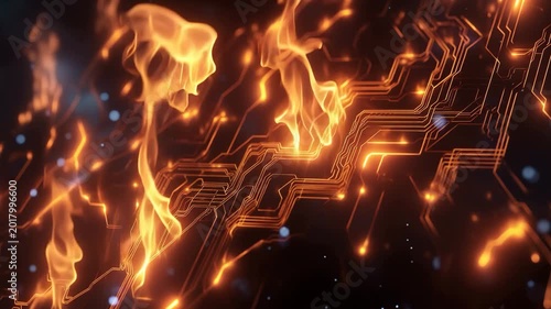 Digital Inferno: Dynamic depiction of fire encompassing a intricate electronic circuit, showcasing the intense power and complexity of digital technology.
