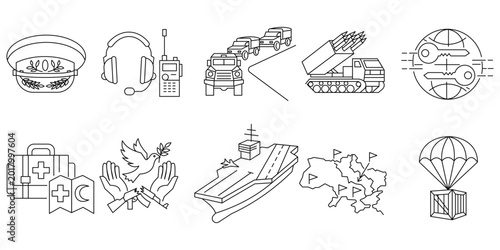 Quadro su tela Military logistics humanitarian aid icons with convoy missiles aircraft carrier medical kit Ukraine map