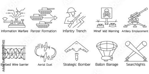 Fotografie Military tactics icons with information warfare panzer formation infantry trench minefield artillery