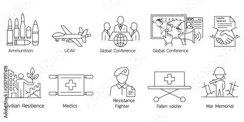Bild auf Leinwand Military peace icons with ammunition drone global conference ceasefire agreement medics memorial