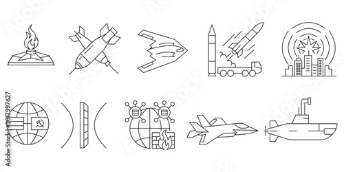Foto Defense icons with eternal flame missiles stealth aircraft cyber firewall cold war submarine