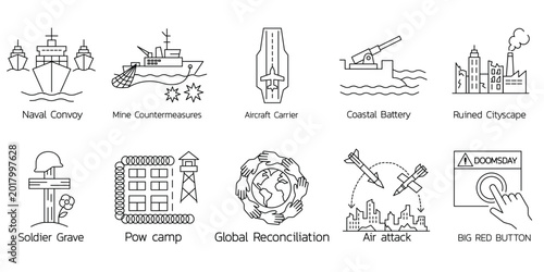 Obraz na plátne Naval warfare post war icons with convoy aircraft carrier ruined city soldier grave pow camp