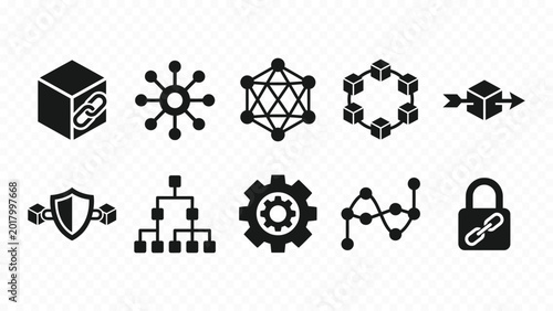 Canvas Print Solid black icon set of microchips CPUs and network nodes for semiconductor comp