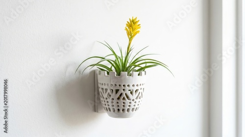 yellow flower in white geometric patterned wall planter minimalist decor