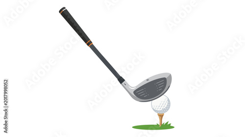 A detailed golf club hovering above a golf ball on a tee.
