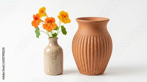 still life terracotta vase with vibrant orange marigold flowers on white background