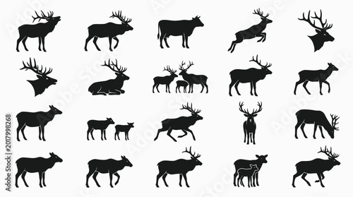 Collection of various deer silhouettes in different poses.
