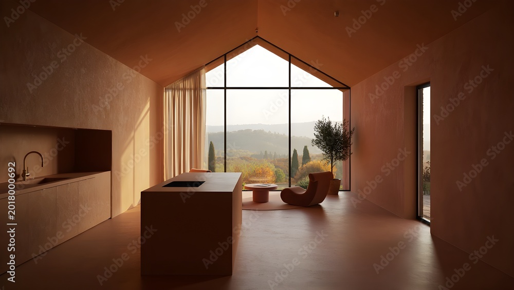 Fototapeta premium Ultra Minimalist All-White Coastal Interior With Seamless Monochromatic Palette, Floating Kitchen Island And Panoramic Ocean View Through Wide Horizontal Windows (AI-Generated)
