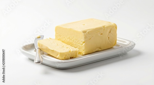Block of Butter on Tray with Sliced Piece and Knife, Studio Shot