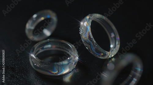 Abstract iridescent glass rings rippling with light dispersion and reflection on a black background