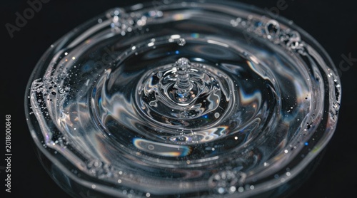 Abstract iridescent glass rings rippling with light dispersion and reflection on a black background