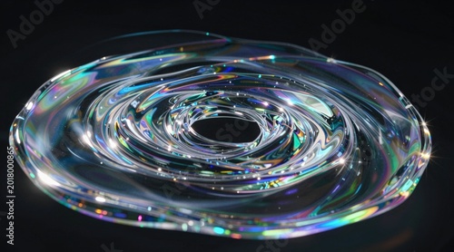 Abstract iridescent glass rings rippling with light dispersion and reflection on a black background