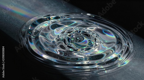 Abstract iridescent glass rings rippling with light dispersion and reflection on a black background