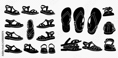 Bild auf Leinwand Collection of various black silhouettes of sandals and flip-flops, isolated on a transparent background, perfect for summer fashion and footwear designs