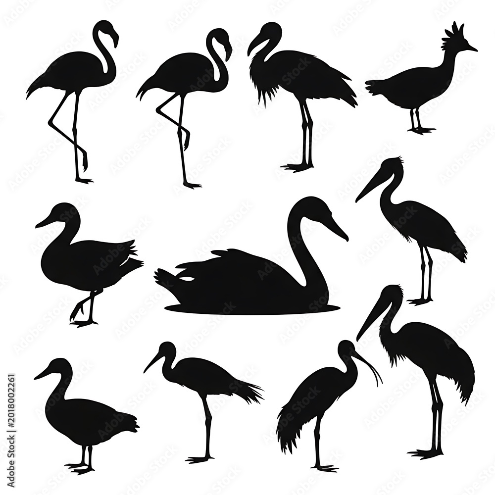 Naklejka premium Black silhouettes of various birds.