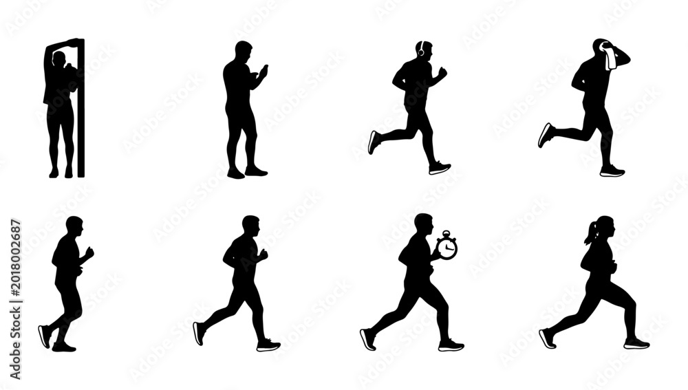 Fototapeta premium Running Silhouette Collection, Fitness Action Poses, Athlete Movement Graphics, Sports Training Vector Set