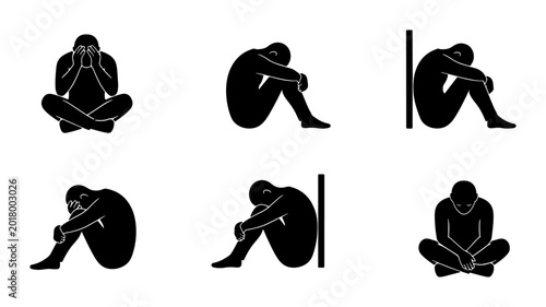 Bild auf Leinwand Set of 6 Black Silhouette Icons: Depressed Figures, Sadness, Loneliness, Mental