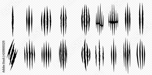 Set of animal claw marks, scratches, and rips isolated on transparent background, symbolizing aggression and danger.