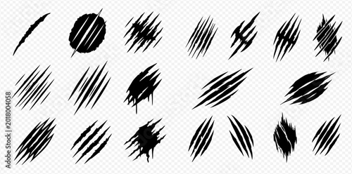 Foto Set of black claw marks, animal scratches, and grunge elements on a transparent background, vector illustration
