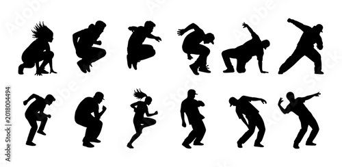 Vászonkép Dynamic Breakdance Silhouettes, 12 Action Poses Vector Set, Urban Street Dance F