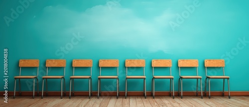 Eight wooden chairs with metal legs lined up against a turquoise wall on a wooden floor.