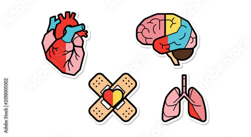 Set of medical stickers with human organs: heart, brain, lungs, and a band-aid with a heart, symbolizing health and care.