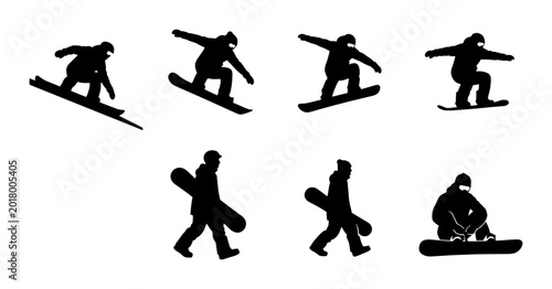 Foto Snowboarding Silhouette Set: Action Poses, Winter Sports, Extreme Activity, Vect