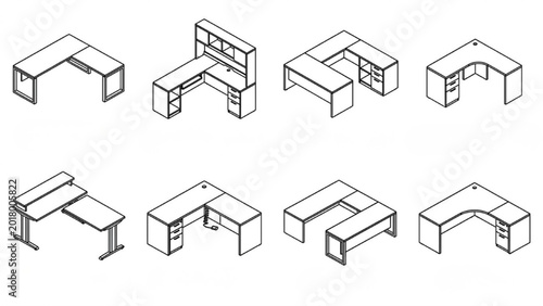 L-Shaped Office Desk CAD Vector Collection | Corner Workspace Elevation Pack