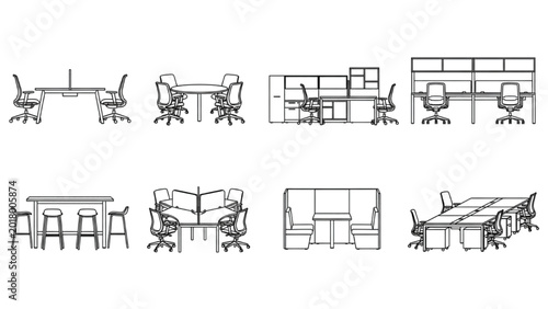 Office Collaboration Furniture CAD Vector Collection | Modern Workspace Meeting Set