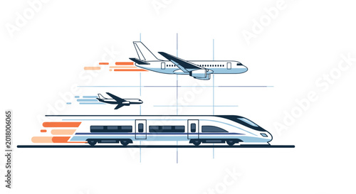 Modern high-speed train and airplanes traveling fast across a minimalist background to represent advanced transportation and travel.