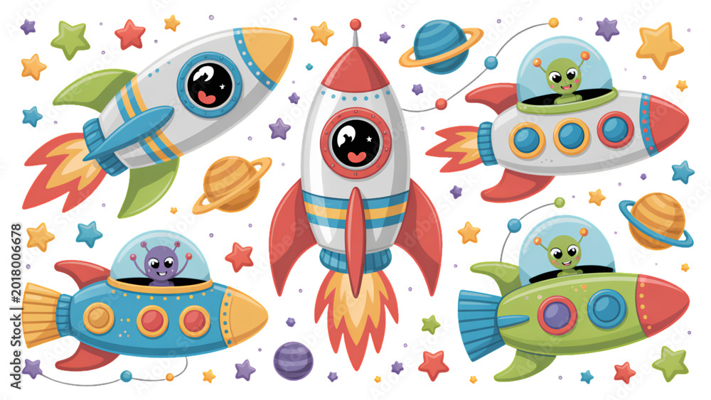 Obraz premium Colorful cartoon space and sports icons collection with rockets, planets, and medals