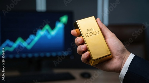 Gold price trading shows volatility as safe asset during geopolitical uncertainty with hand holding gold bar and rising chart on screen