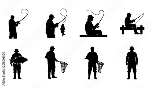 Billede på lærred Fishing Silhouettes Vector Set: Angler Icons, Fisherman Poses, Catching Fish, Ou