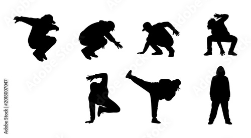 Schilderij op canvas Breakdance Silhouette Collection, Dynamic Hip Hop Dancer Poses, Urban Street Dan