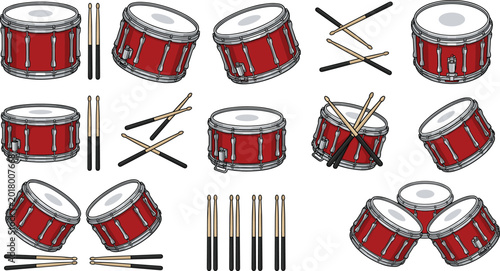 Schilderij op canvas Red Snare Drum Collection with Drumsticks, Percussion Instrument Variations, and