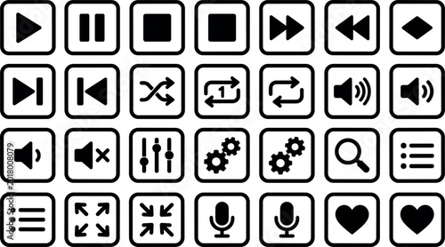 Tableau sur toile Comprehensive black and white media player button icon set for music and video i