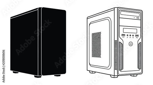 Computer tower silhouette and line art on white background