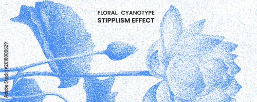 Floral cyanotype stipplism effect with blue botanical illustration of flowers and leaves on white background stipple dots photocopy effect abstract retro y2k geometric elements