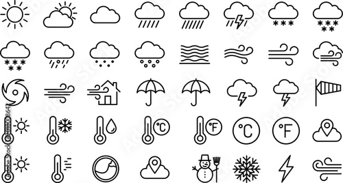 Foto Comprehensive minimalist black line weather icon set for professional forecast a