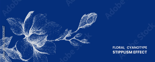 Foto Floral cyanotype stipplism effect with white botanical silhouette on deep blue b