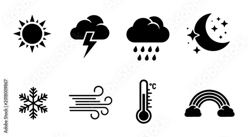 Quadro su tela Weather Icons Set: Sun, Storm, Rain, Night, Snow, Wind, Thermometer, Rainbow, Me