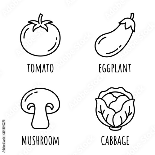 Simple black and white line illustrations of common vegetables including tomato eggplant mushroom and cabbage for educational or
