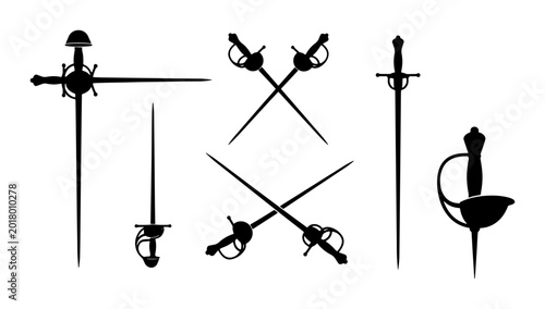 Photos Collection of historical fencing swords, rapier and saber silhouettes, medieval