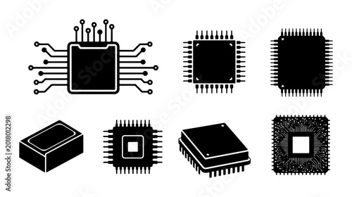 Tableau sur toile Microchip Icons Set, Computer Processor Graphics, Electronic Component Silhouett