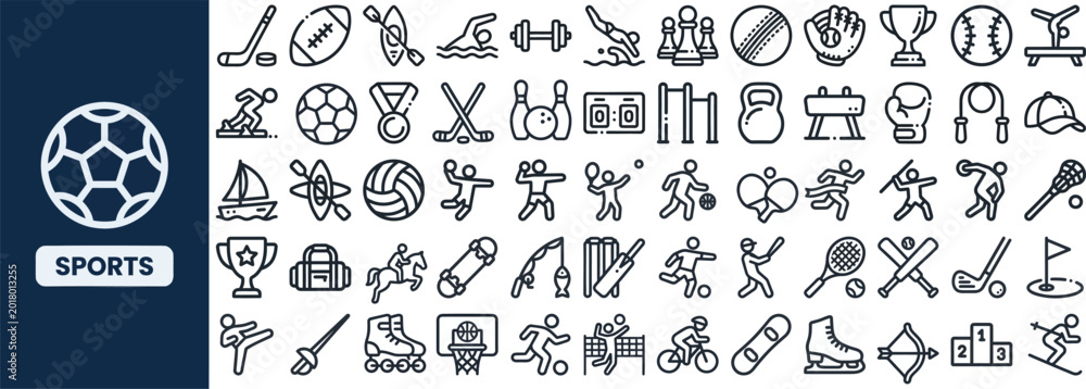 Fototapeta premium Sport Recreation and Athletic outline icon set. Featuring soccer, tennis, basketball, trophy, and athlete symbols. Editable stroke icons for fitness club and tournament design.