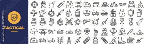Bild auf Leinwand Tactical Military and Survival Gear outline icon set