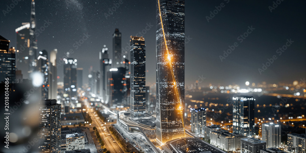 Fototapeta premium Luminescent structure stands tall. Skyscraper with glass exterior overlooks bustling streets