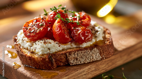 Toasted Artisan Bread with Cream, Roasted Cherry Tomatoes, Parsley, and Olive Oil Drizzle